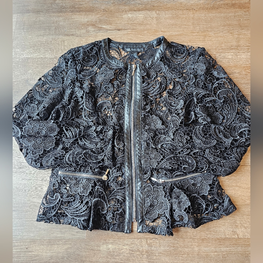 INC International Concepts Faux Leather and Eyelet Embroidered Lacy Jacket Women